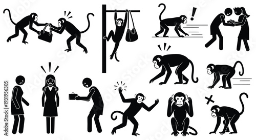 Collection of black silhouette stick figures and stylized monkeys illustrating concepts of theft and avoidance behaviors