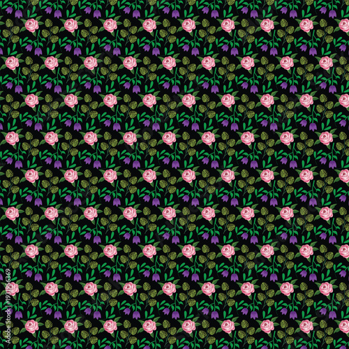 Seamless floral pattern with pink roses and purple flowers on dark background