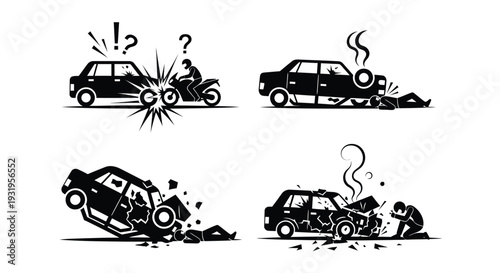 Collection of black and white vector graphic illustrations depicting various severe traffic accident scenarios and impacts