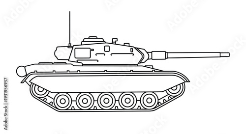 Line drawing of a military tank side view featuring a long barrel and tracks