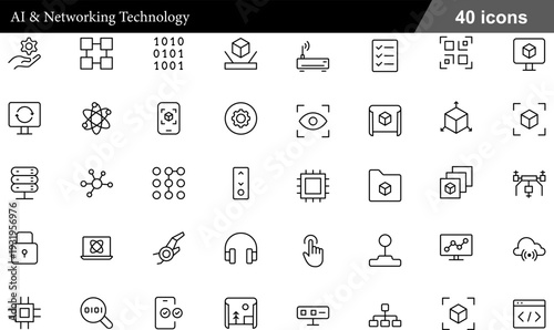 AI and Networking Technology Thin Line Icons Set Artificial Intelligence, Machine Learning, Neural Networks, Cloud Computing and Digital Infrastructure Symbols for Tech Innovation