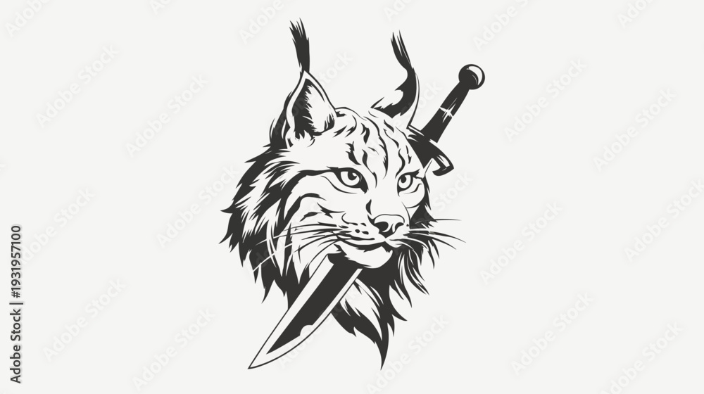 Obraz premium Black and white illustration of a lynx with a sword piercing through its mouth