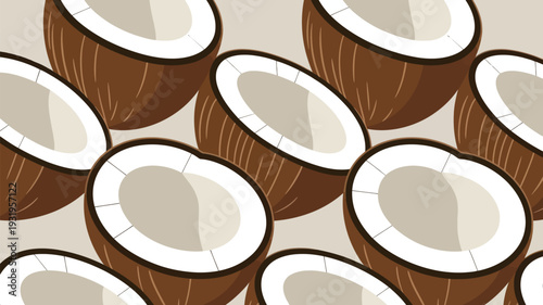 Delicious halved coconuts in a tasty tropical pattern