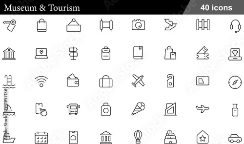 Museum and Tourism Thin Line Icons Set Cultural Heritage Sites, Travel Experiences, Guest Services, Navigation Tools and Leisure Destination Symbols for Hospitality