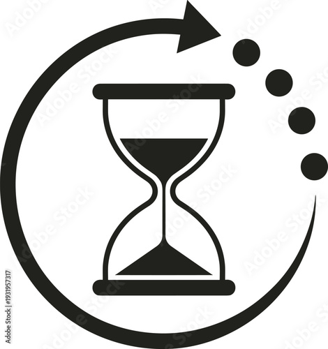 Black hourglass icon with circular loading arrow representing time management, project deadlines, historical cycles, sand timer efficiency, progress tracking, and productivity wait time symbol.