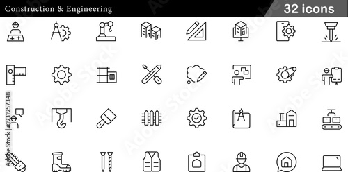Construction and Engineering Thin Line Icons Set Architectural Planning, Heavy Machinery Operations, Site Safety Management and Technical Precision Symbols for Infrastructure Development
