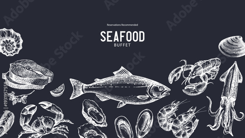 Sketch vintage seafood frame. Hand drawn vector illustration background. Salmon, crab, shrimps, lobster, oysters, squid set. Chalkboard menu design