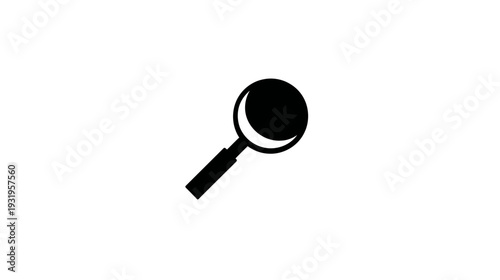 A monochrome illustration of a magnifying glass on a white background, angled right