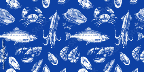 Sketch vintage seafood seamless pattern. Mediterranean food menu design. Hand drawn vector illustration background