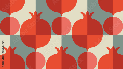 Vibrant pomegranate pattern with geometric shapes in red and green hues