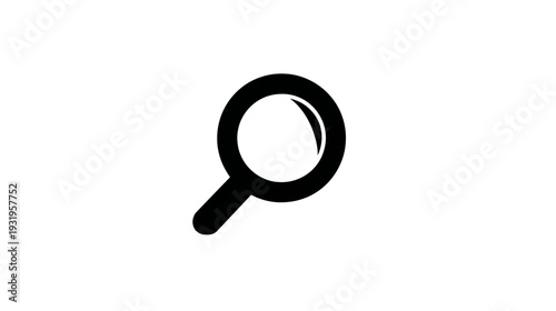 A black icon of a magnifying glass on a white background