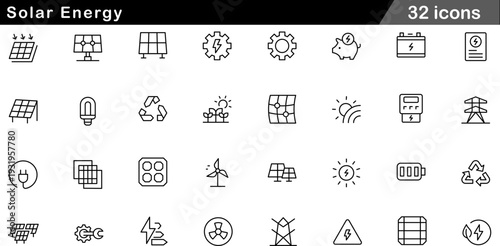 Solar Energy Thin Line Icons Set Photovoltaic Panels, Renewable Grid Integration, Battery Storage, Sun Powered Infrastructure and Clean Technology Symbols for Sustainability