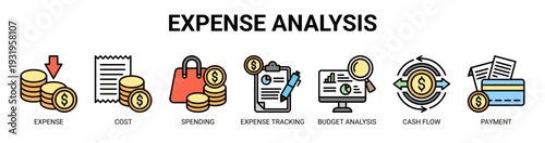 Expense Analysis web banner icon vector illustration concept with icons of expense, cost, spending, expense tracking, budget analysis, cash flow, and payment.