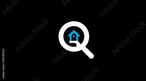 A white magnifying glass encompassing a blue house icon on a black background