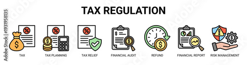 Tax Regulation web banner icon vector illustration concept with icons of tax, tax planning, tax relief, financial audit, refund, financial report, and risk management.