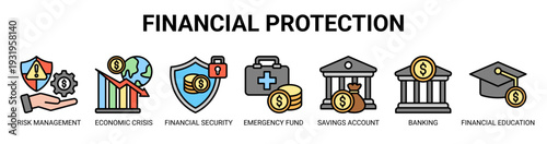 Financial Protection web banner icon vector illustration concept with icons of risk management, economic crisis, financial security, emergency fund, savings account, banking, and financial education.