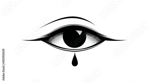 A stylized eye graphic, painted in grayscale, with a single tear falling from the lower lid