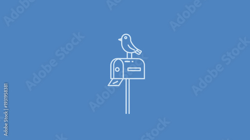 A linear illustration showing a mailbox with a bird resting on it, set against a blue background