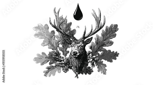 A grayscale illustration features a deer's head with large antlers, oak leaves, and a drop
