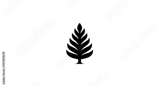 Black graphic of a stylized, elongated tree shape, symmetrical, with a minimalist design on a white background