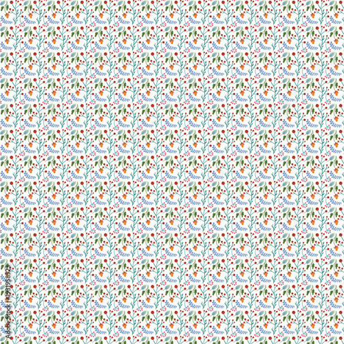 Colorful floral pattern with small flowers and leaves on white background