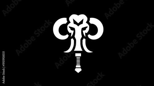 A stark white elephant graphic, symmetrical against a black background. Minimalist and symbolic design