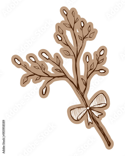 Handdrawn willow branch with soft buds in vintage chalk style