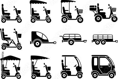Collection of black representing mobility scooters golf carts and trailers white background