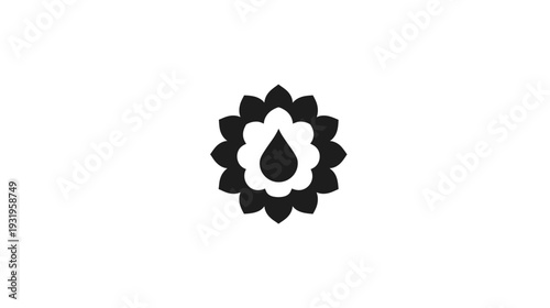 A stylized flower icon with dark petals surrounding a light floral inner circle and teardrop
