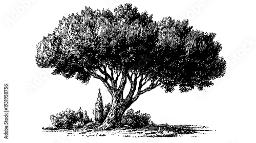 A detailed illustration of a mature tree with dense foliage and intertwined branches