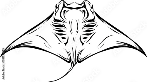A stylized black and white illustration of a manta ray, with detailed line work and graphic appeal