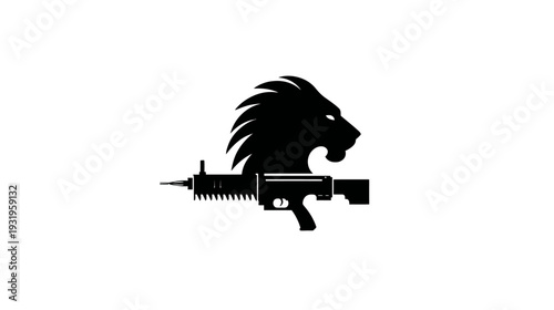 A black and white emblem featuring a lion's head and a machine gun. A simple design on white