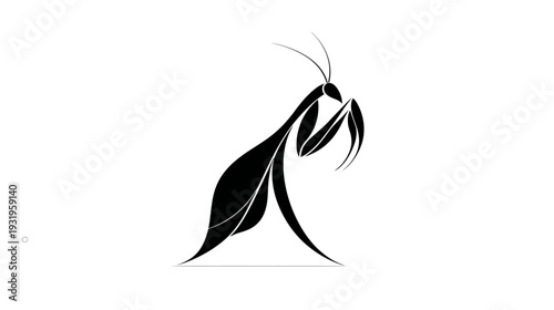 Simplified illustration of a praying insect against a white background with stylized forms