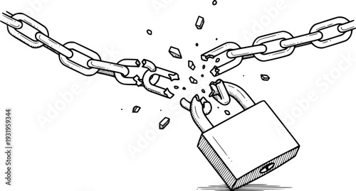 Broken chain and padlock symbolizing freedom and release from restrictions