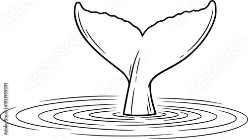 Black and White Outline of a Whale Tail Diving into Rippling Water ripple