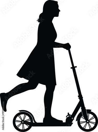 Female riding kick scooter silhouette, urban eco transportation and modern city commute vector illustration isolated on white background