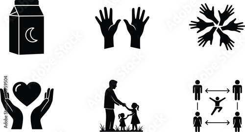 Charity and community support icons set, helping hands family care and social solidarity vector illustration isolated on white