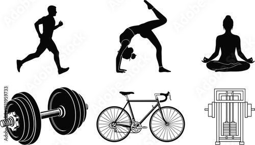 Fitness and workout silhouettes set, running yoga cycling and gym equipment vector illustration isolated on white background