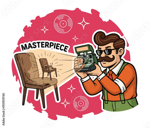 Cartoon man capturing artistic masterpiece with vintage camera