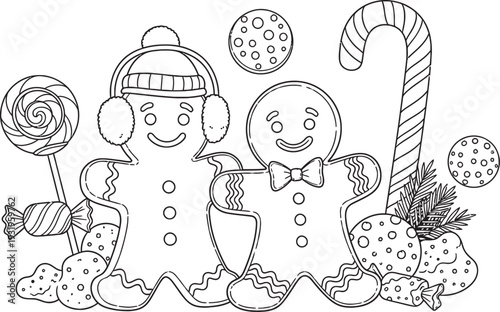 Coloring book page with snowman and candy isolated on transparent background for kids