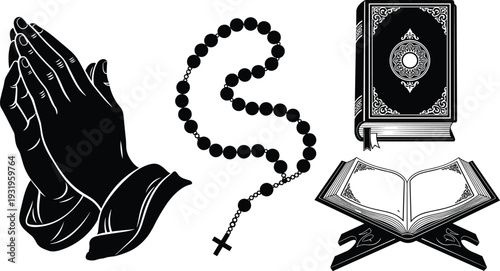 Christian prayer hands, rosary beads and Holy Bible set, religious black and white vector illustration isolated on white background