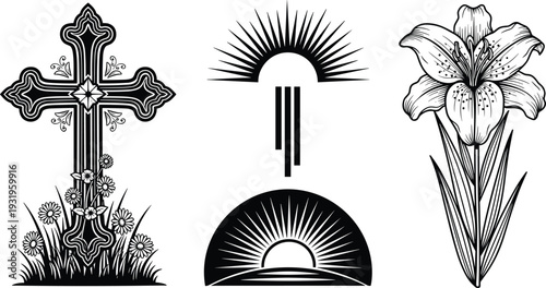 Christian cross and lily flower with sunrise symbols set, religious black and white vector illustration isolated on white background