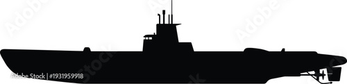 Black submarine silhouette icon naval warship boat underwater military vessel isolated on white background for navy sea history and maritime combat vector design
