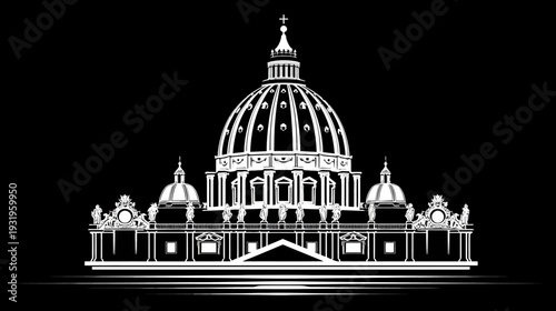 White line drawing of a grand building with a large dome and multiple smaller domes on a black background