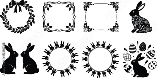 Easter bunny silhouettes and decorative floral frames set, rabbit wreaths and egg elements vector illustration isolated on white background
