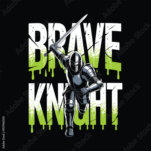 A brave knight in armor holding a sword with bold typography