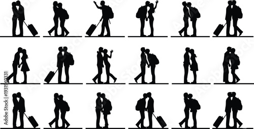 Silhouettes of couples at airport hugging, kissing, waving, carrying luggage symbolizing travel, reunion, departure, love, connection, and emotional interaction illustration