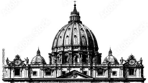 A black and white architectural illustration of a grand domed building with statues and intricate detailing
