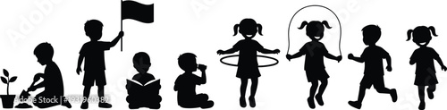Silhouettes of children planting, reading, blowing bubbles, running, jumping rope, hula hooping, and holding flag symbolizing play, learning, and activity illustration