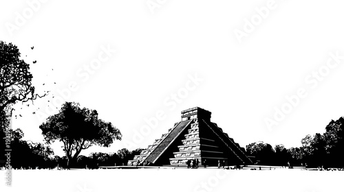 A monochrome illustration of a Mesoamerican pyramid temple structure among trees and foliage